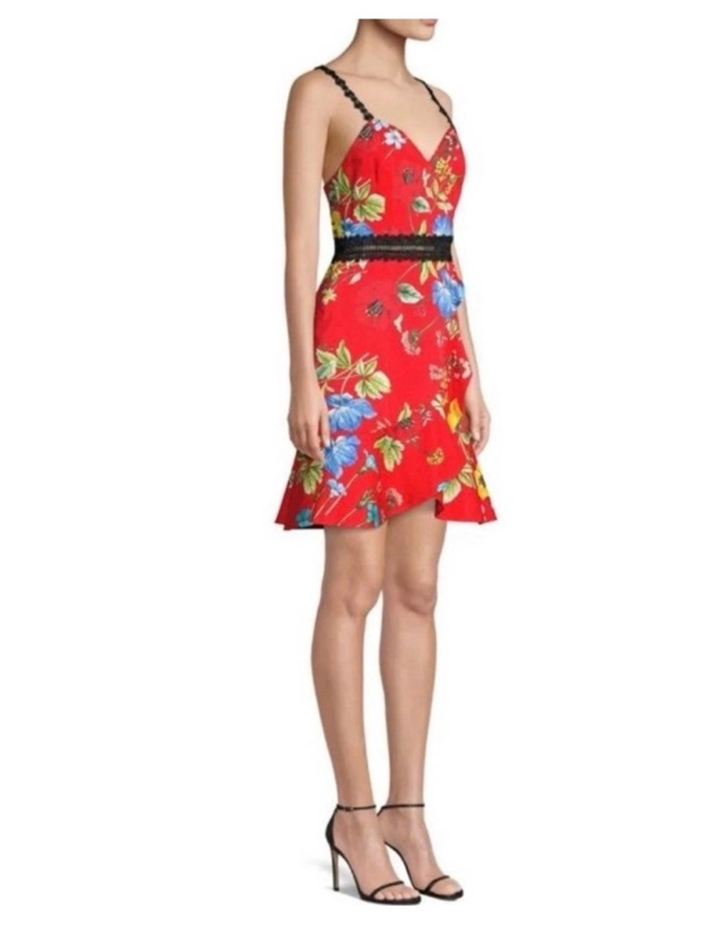 Alice + Olivia Red Floral Mini Dress with Black Lace Trim